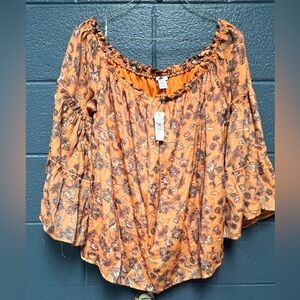 Rue21 Orange Floral Blouse with Ruffle Sleeves plus 1X NWt